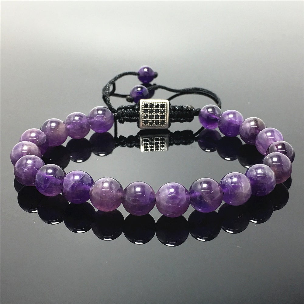 Natural Purple Amethyst Gemstone Adjustable Braid Rope Bracelet Handmade Design