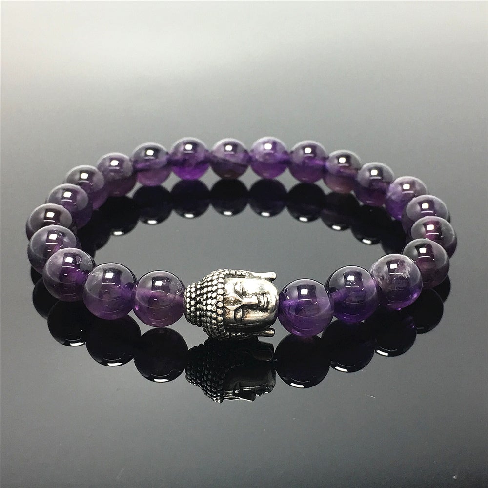 Purple Amethyst Gemstone with Buddha Head Charm Handmade Elastic Bracelet