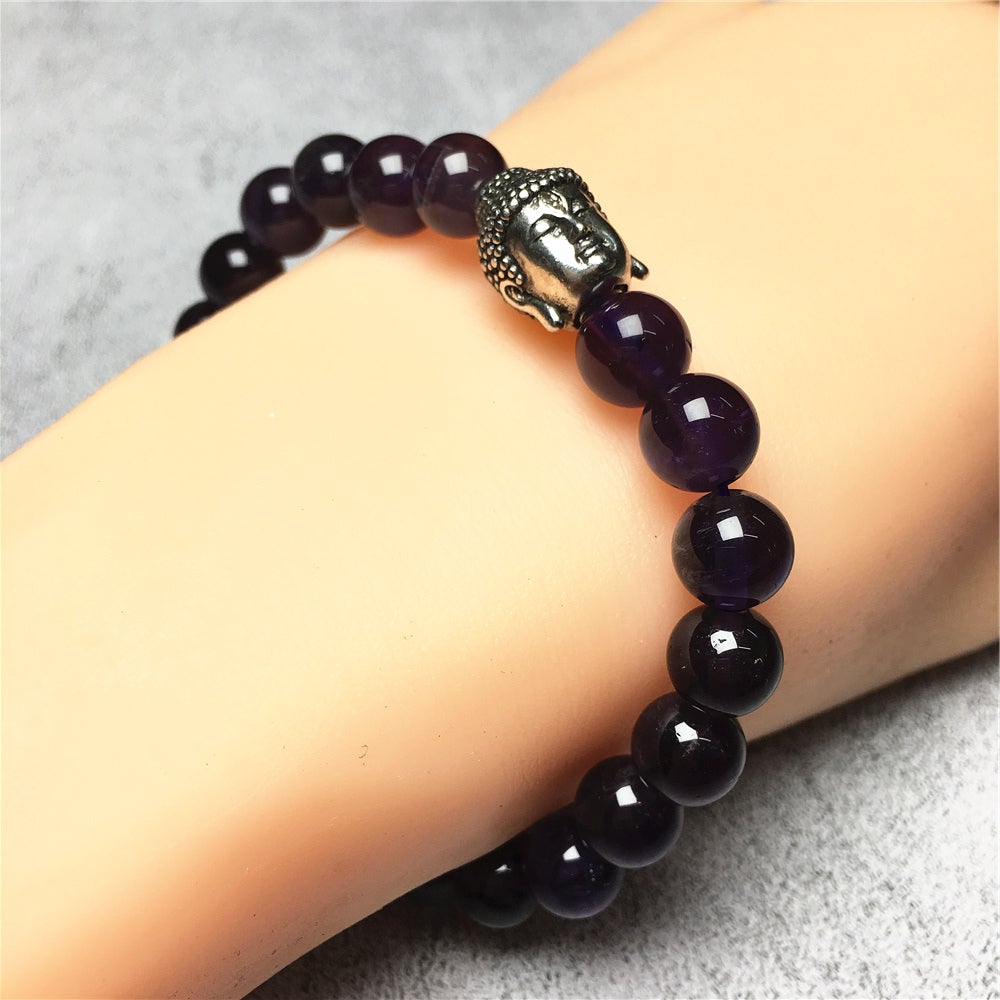 Purple Amethyst Gemstone with Buddha Head Charm Handmade Elastic Bracelet