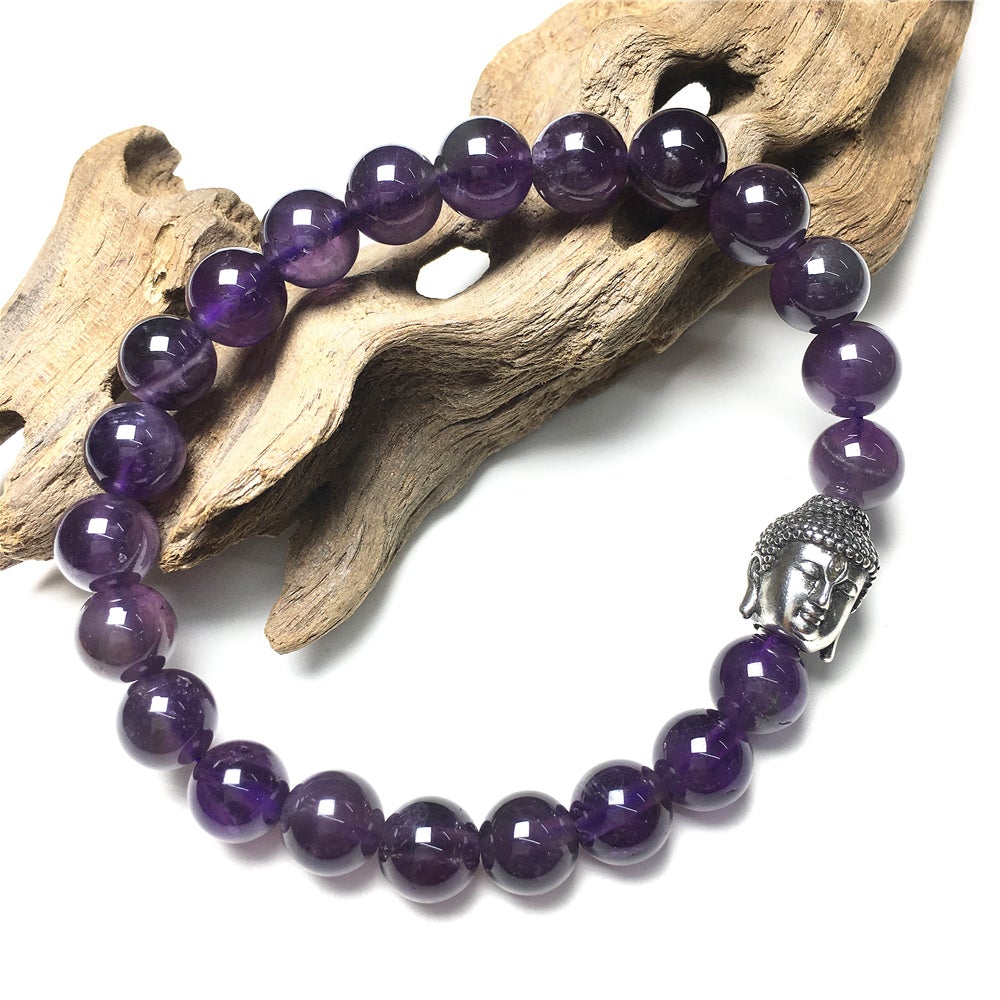 Purple Amethyst Gemstone with Buddha Head Charm Handmade Elastic Bracelet