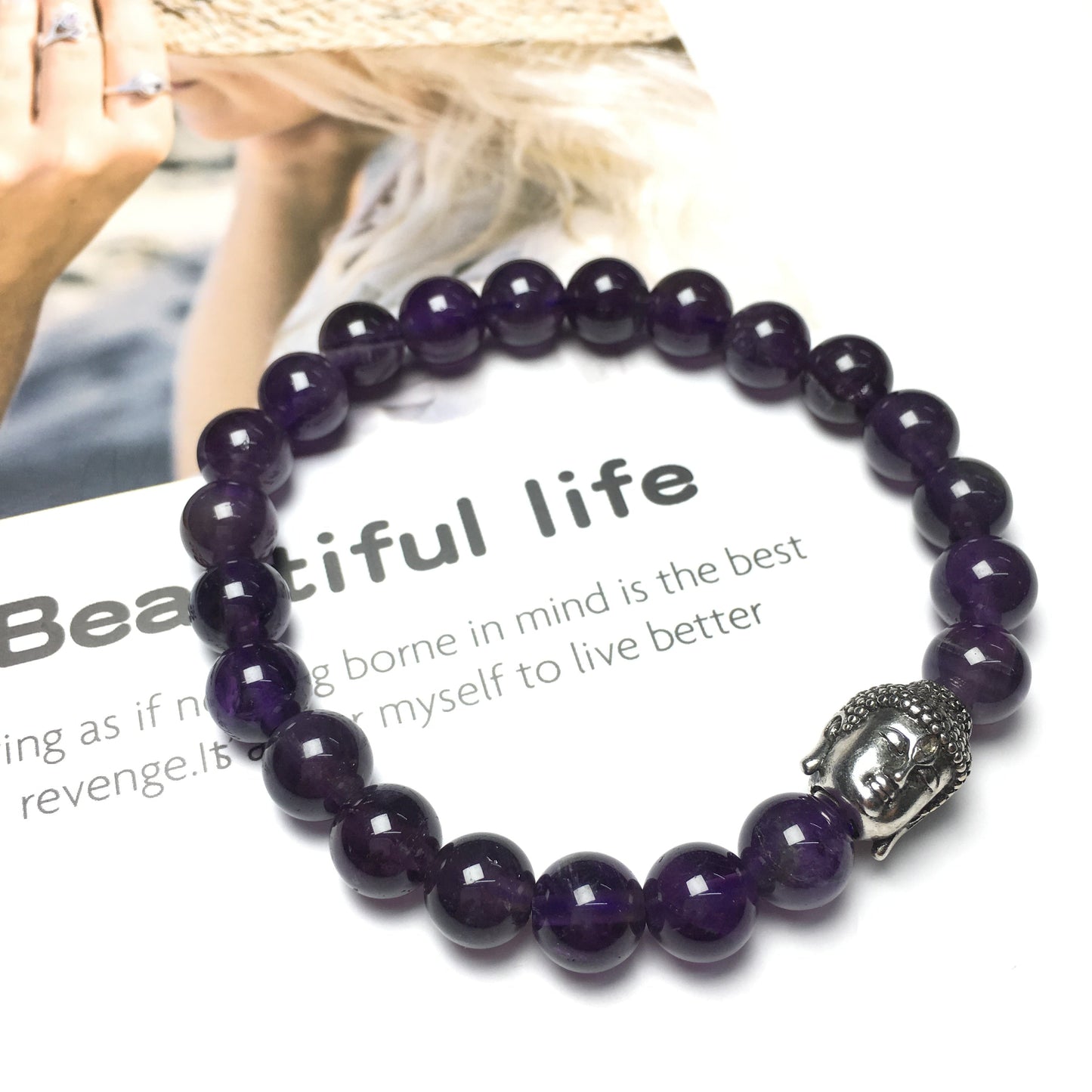 Purple Amethyst Gemstone with Buddha Head Charm Handmade Elastic Bracelet