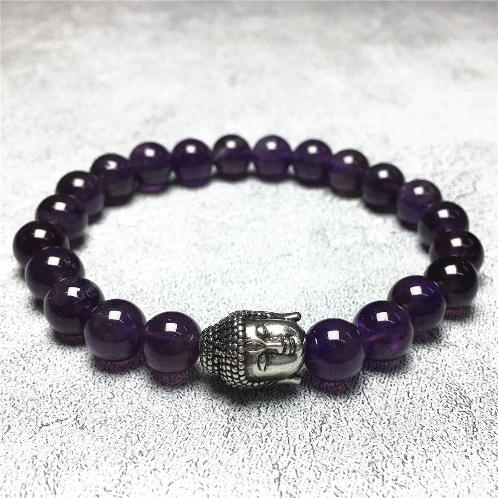 Purple Amethyst Gemstone with Buddha Head Charm Handmade Elastic Bracelet