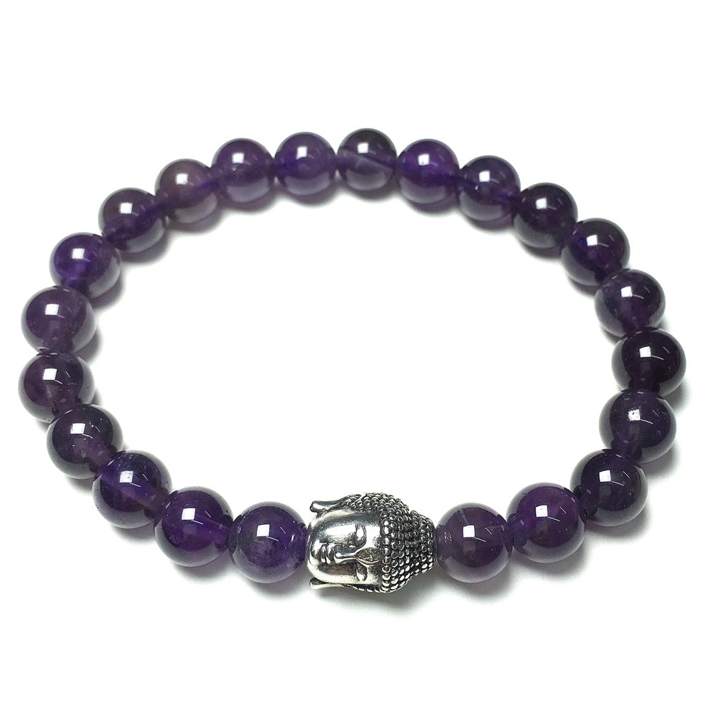 Purple Amethyst Gemstone with Buddha Head Charm Handmade Elastic Bracelet