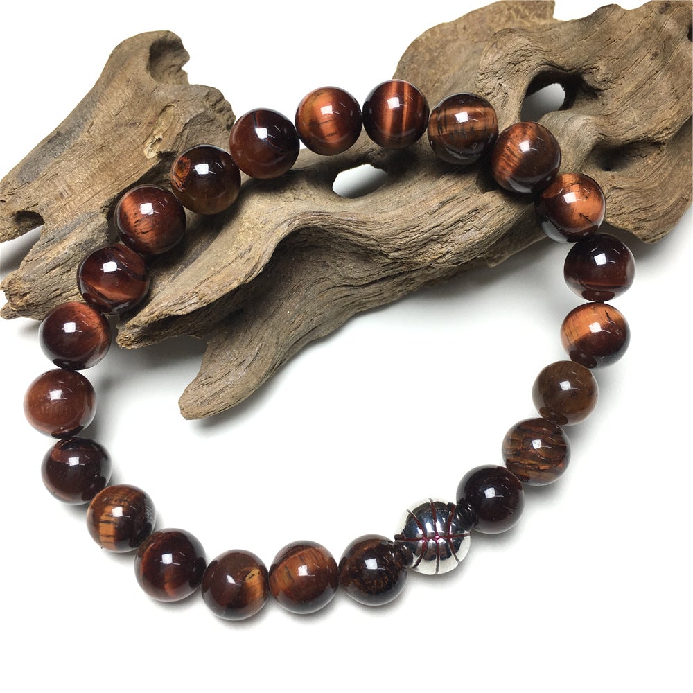 Red Tiger Eye Gemstones Handmade Basketball Charms Beads Bracelet