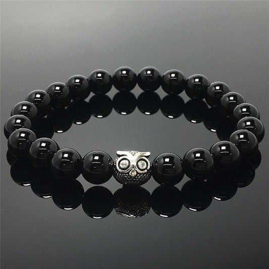 Natural Black Onyx Gemstone Elastic Handmade Beaded Bracelet Adjustable Bracelet Owl Design