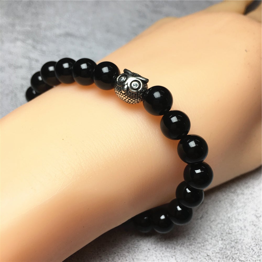 Natural Black Onyx Gemstone Elastic Handmade Beaded Bracelet Adjustable Bracelet Owl Design