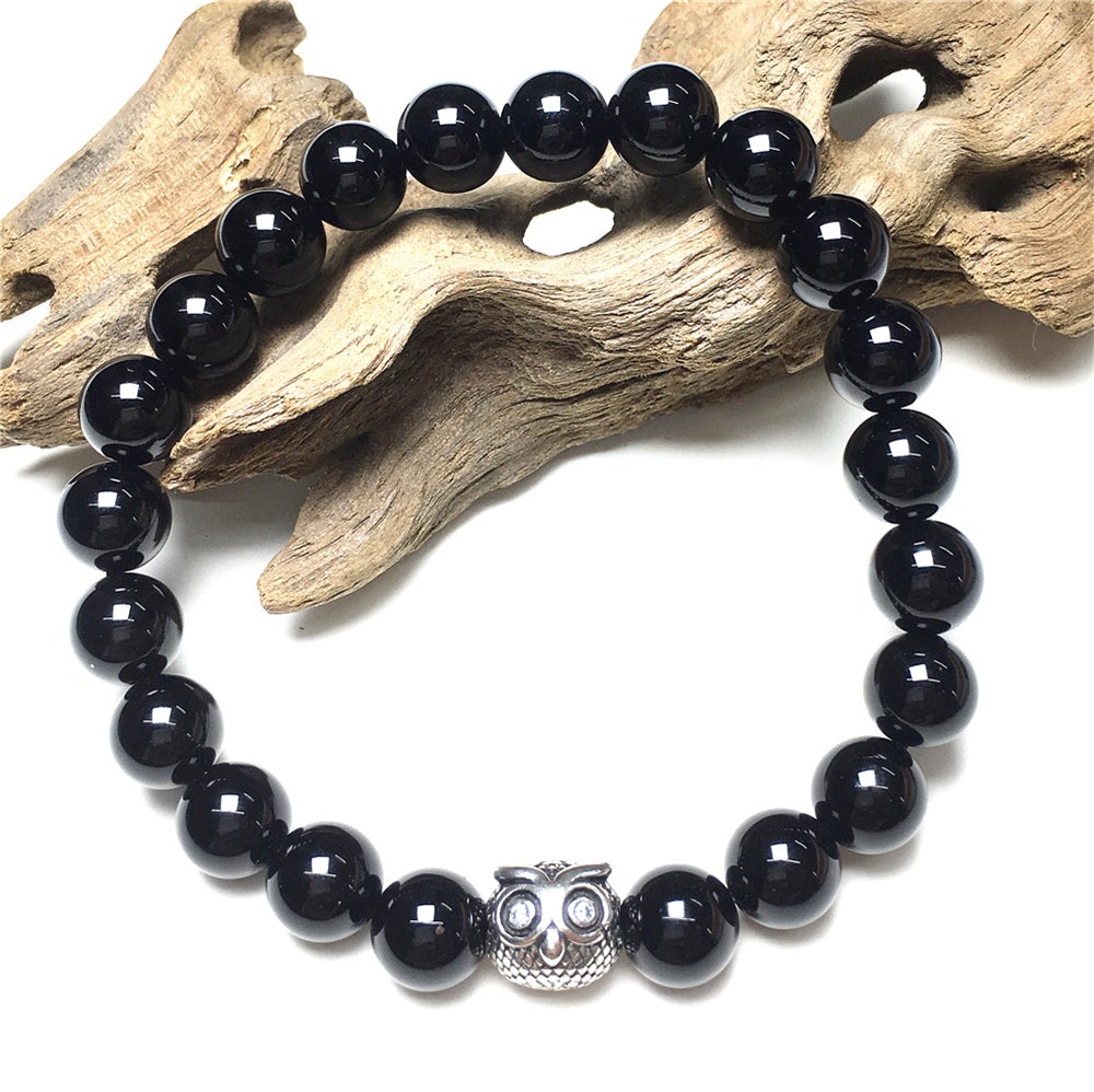 Natural Black Onyx Gemstone Elastic Handmade Beaded Bracelet Adjustable Bracelet Owl Design