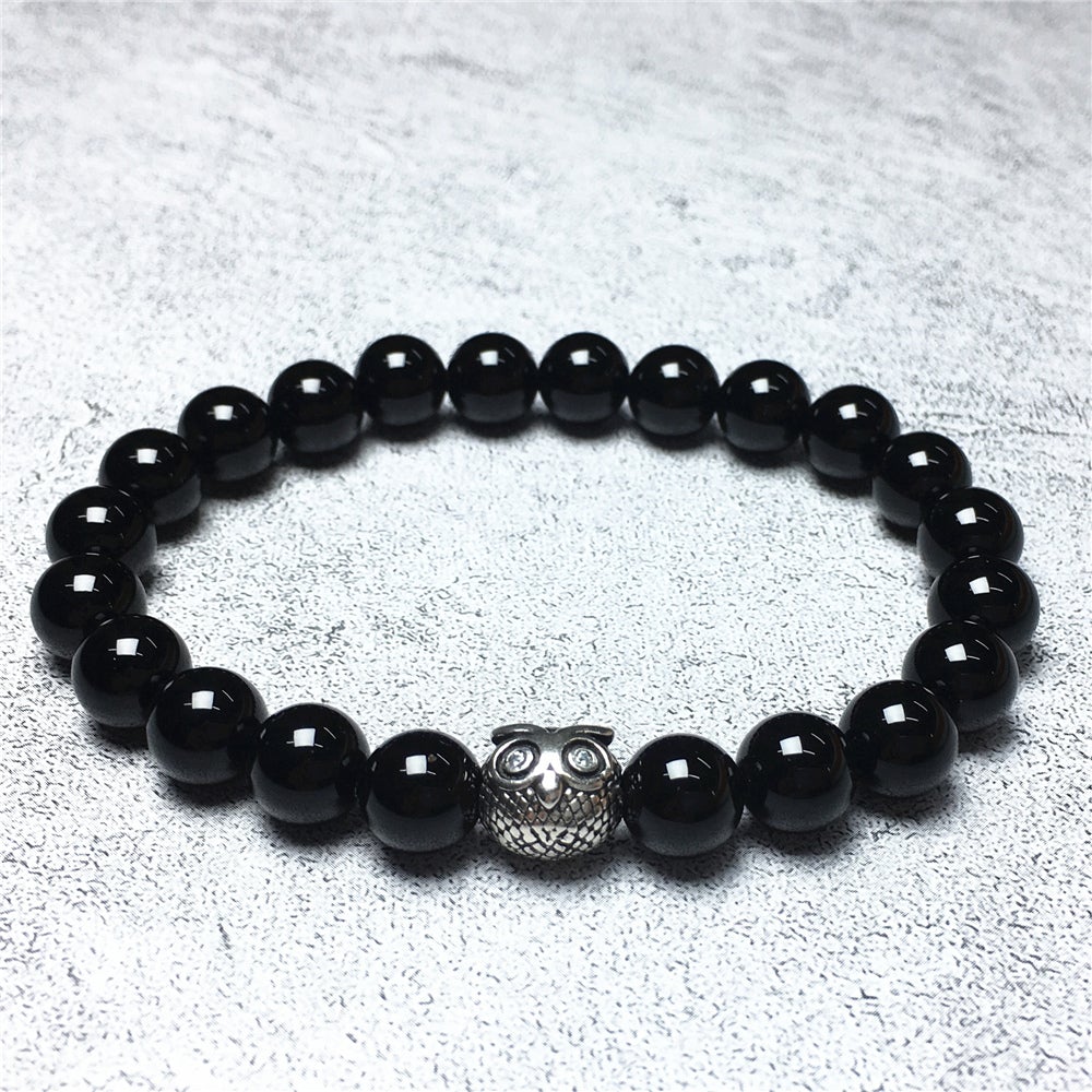 Natural Black Onyx Gemstone Elastic Handmade Beaded Bracelet Adjustable Bracelet Owl Design