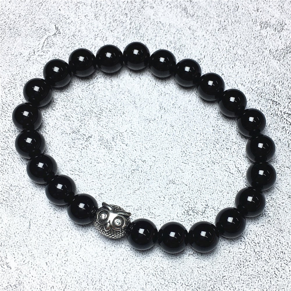 Natural Black Onyx Gemstone Elastic Handmade Beaded Bracelet Adjustable Bracelet Owl Design