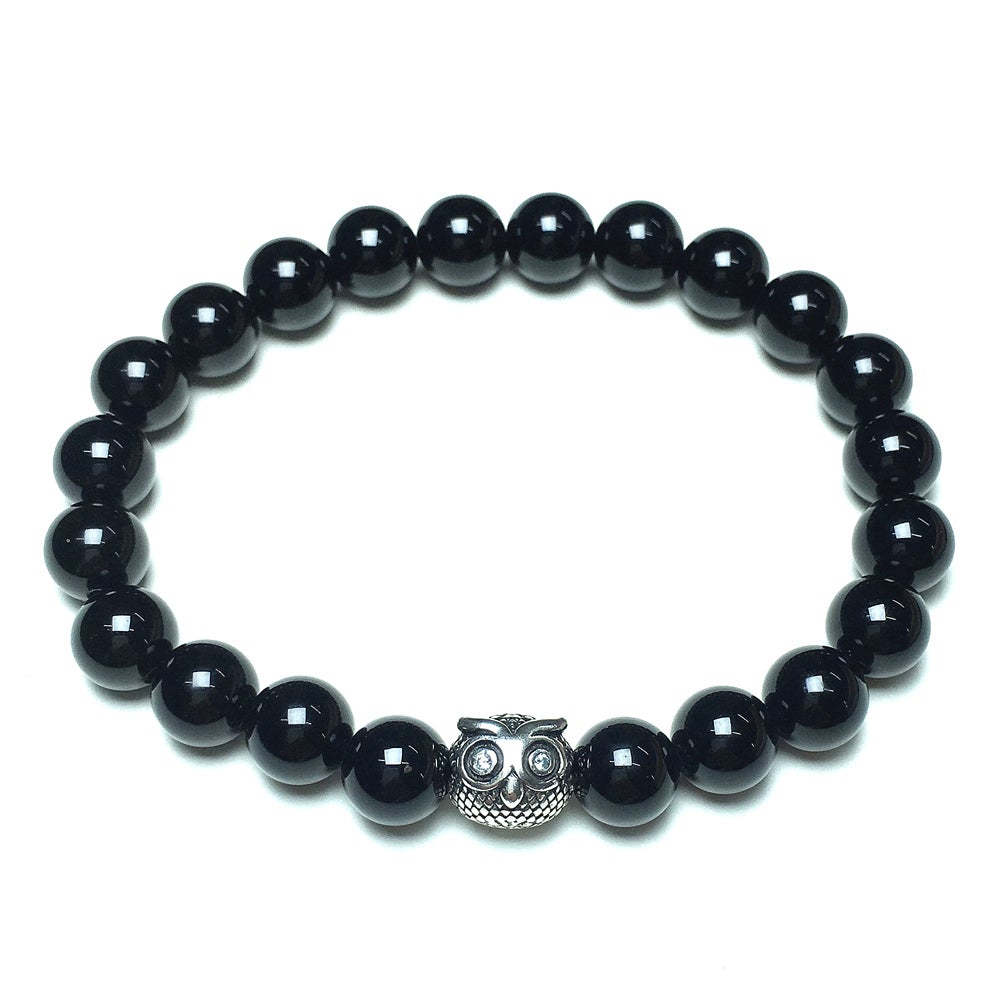 Natural Black Onyx Gemstone Elastic Handmade Beaded Bracelet Adjustable Bracelet Owl Design