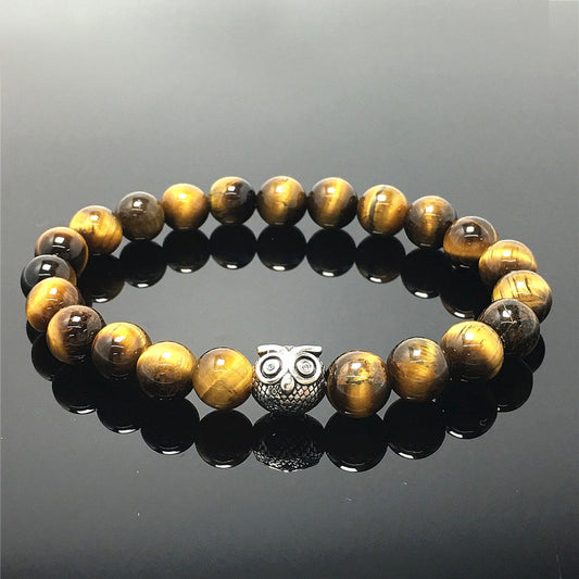 Natural Tigereye Gemstone Handmade Beaded Adjustable Bracelet Owl Design