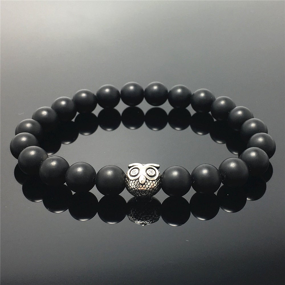 Natural Matte Onyx Gemstone Elastic Handmade Beaded Bracelet Adjustable Bracelet Owl Design