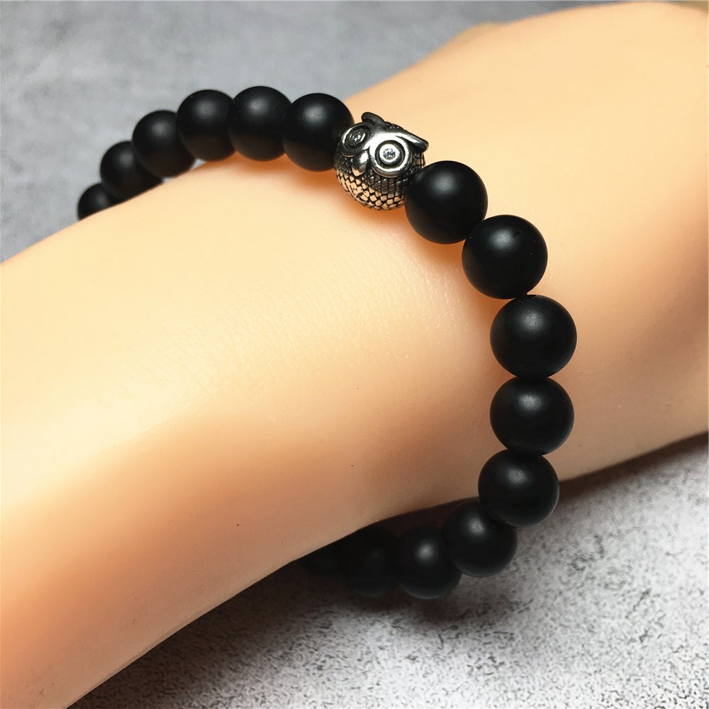 Natural Matte Onyx Gemstone Elastic Handmade Beaded Bracelet Adjustable Bracelet Owl Design