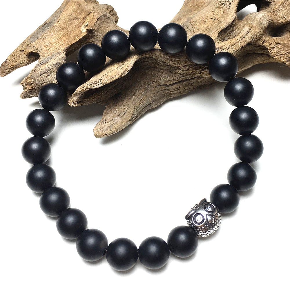 Natural Matte Onyx Gemstone Elastic Handmade Beaded Bracelet Adjustable Bracelet Owl Design