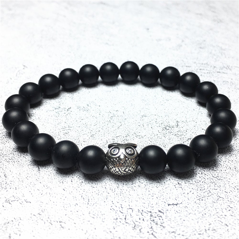 Natural Matte Onyx Gemstone Elastic Handmade Beaded Bracelet Adjustable Bracelet Owl Design