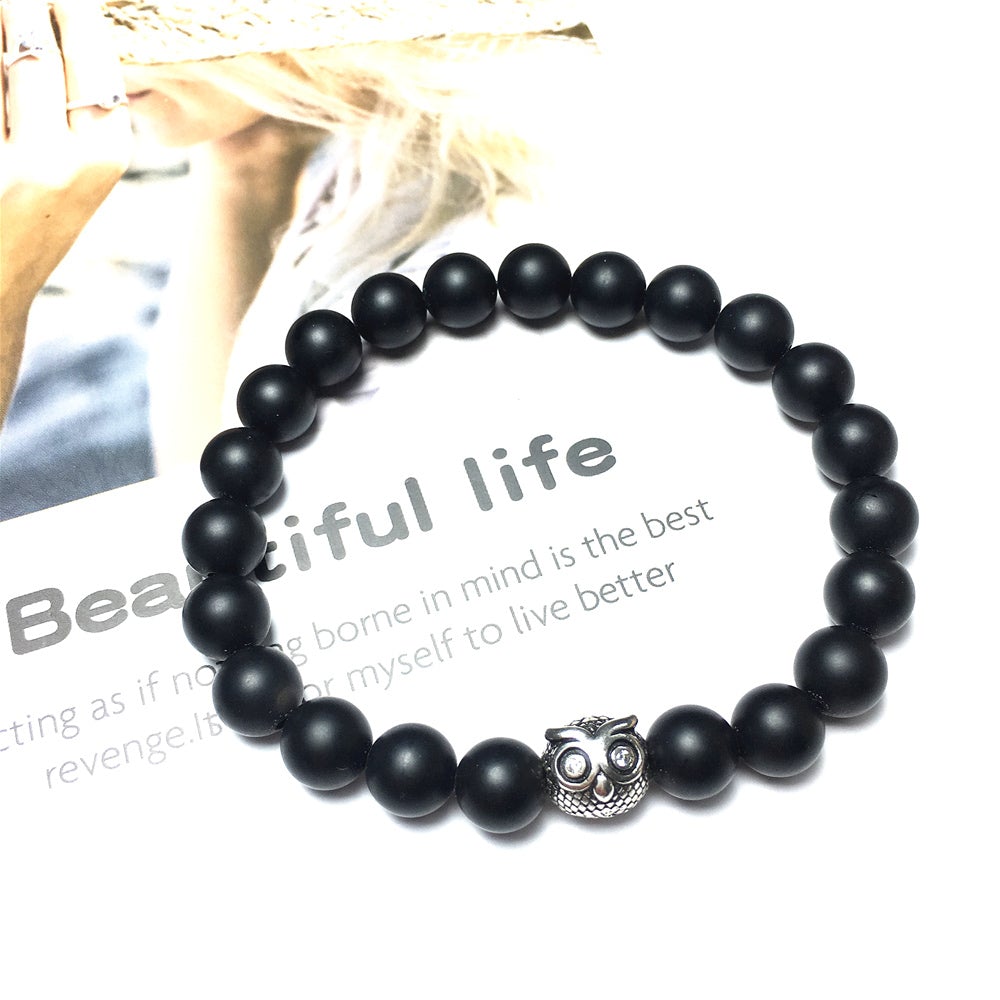 Natural Matte Onyx Gemstone Elastic Handmade Beaded Bracelet Adjustable Bracelet Owl Design