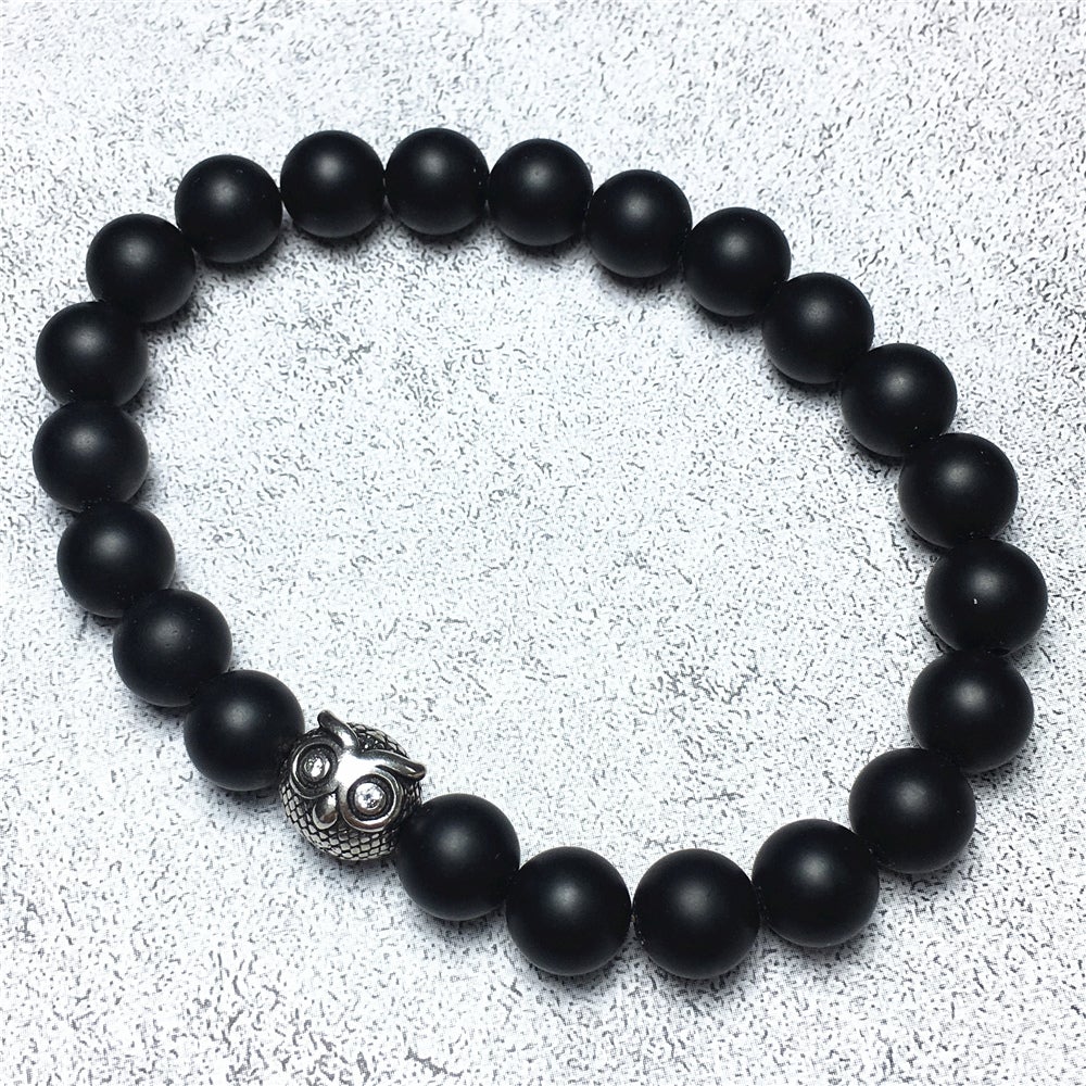 Natural Matte Onyx Gemstone Elastic Handmade Beaded Bracelet Adjustable Bracelet Owl Design