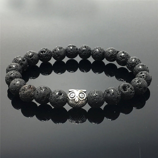 Natural Lava Stone Gemstone Elastic Handmade Beaded Bracelet Adjustable Bracelet Owl Design