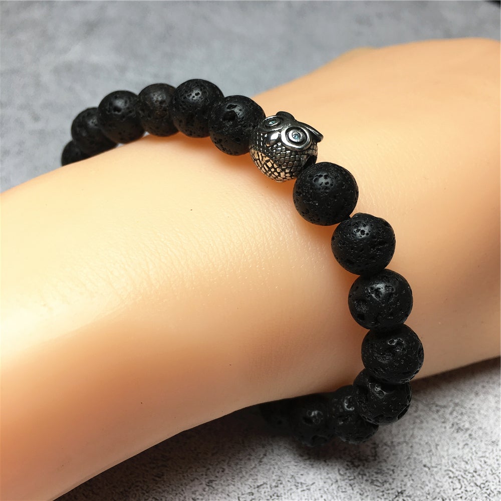 Natural Lava Stone Gemstone Elastic Handmade Beaded Bracelet Adjustable Bracelet Owl Design