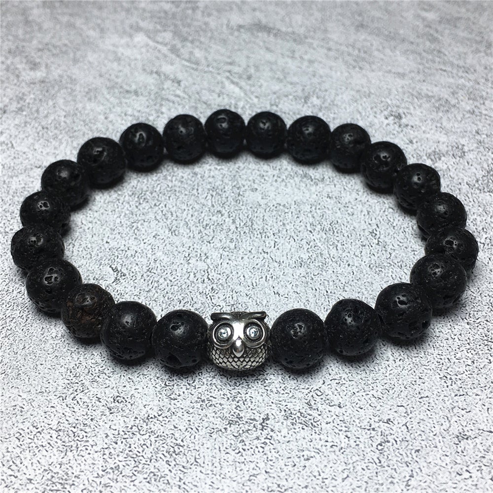 Natural Lava Stone Gemstone Elastic Handmade Beaded Bracelet Adjustable Bracelet Owl Design