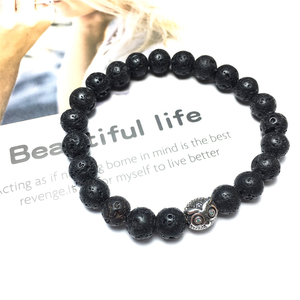 Natural Lava Stone Gemstone Elastic Handmade Beaded Bracelet Adjustable Bracelet Owl Design