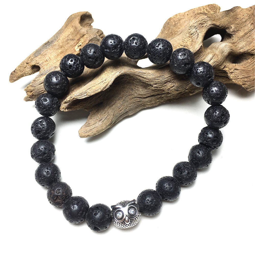 Natural Lava Stone Gemstone Elastic Handmade Beaded Bracelet Adjustable Bracelet Owl Design