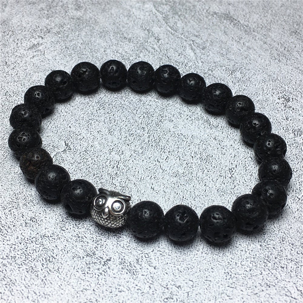 Natural Lava Stone Gemstone Elastic Handmade Beaded Bracelet Adjustable Bracelet Owl Design