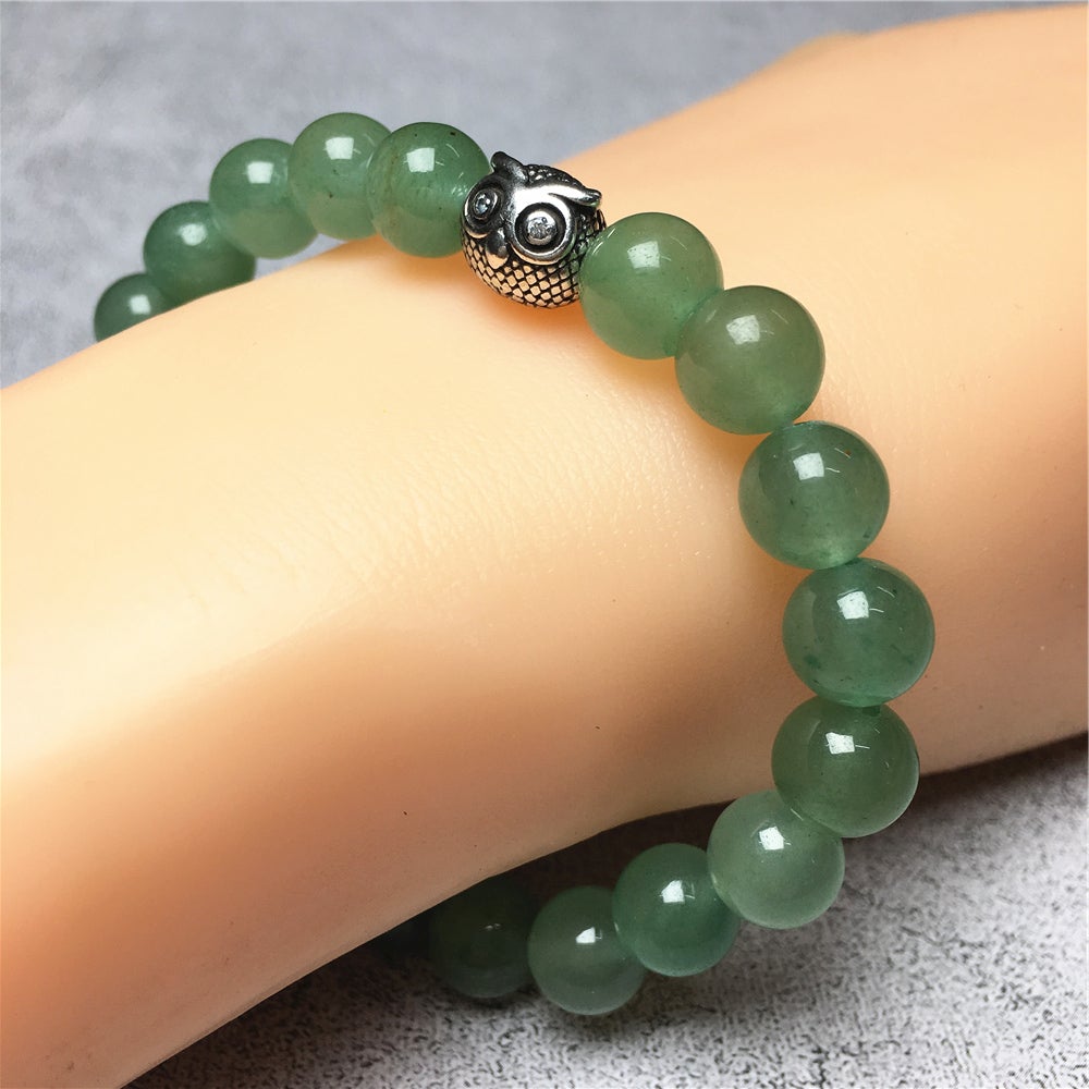 Natural Green Adventurine Gemstone Elastic Handmade Beaded Bracelet Adjustable Bracelet Owl Design