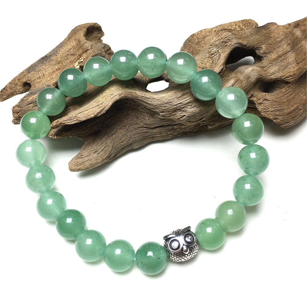 Natural Green Adventurine Gemstone Elastic Handmade Beaded Bracelet Adjustable Bracelet Owl Design