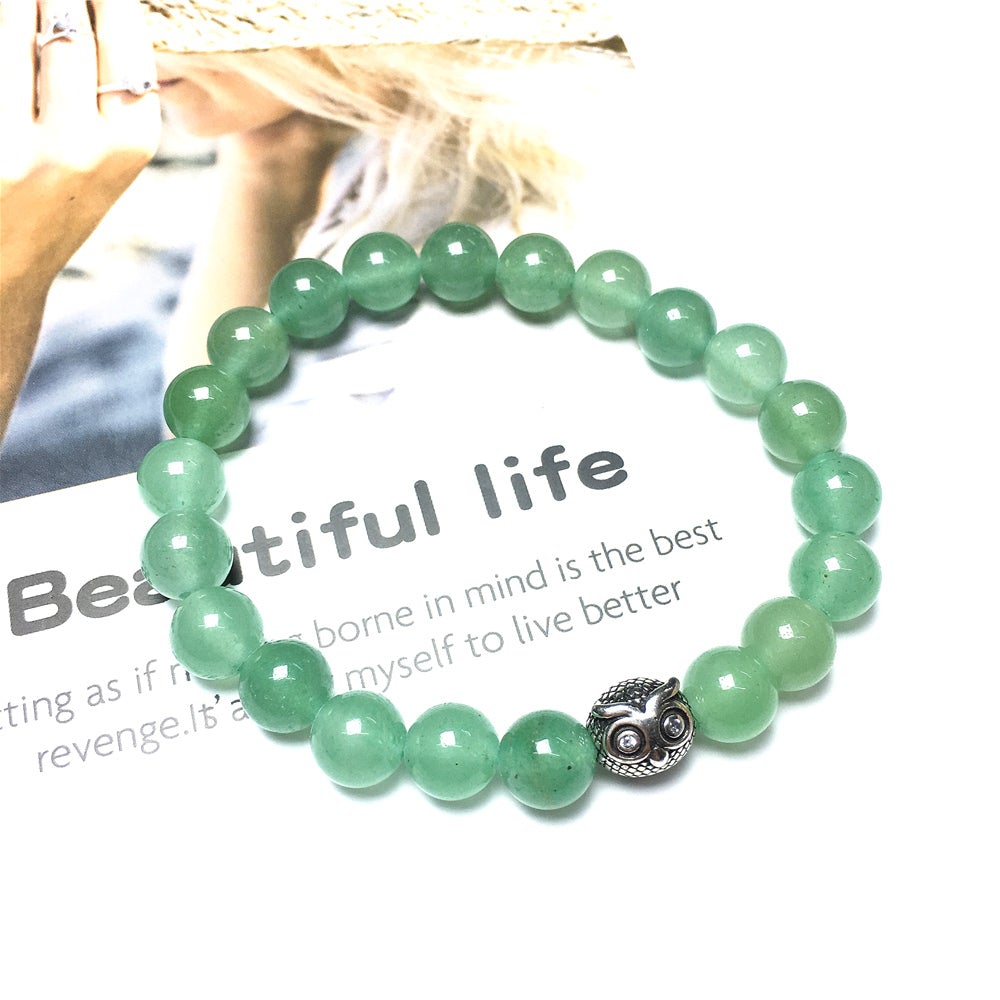 Natural Green Adventurine Gemstone Elastic Handmade Beaded Bracelet Adjustable Bracelet Owl Design