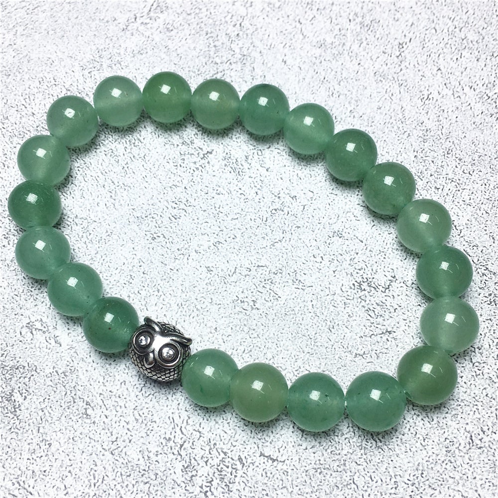 Natural Green Adventurine Gemstone Elastic Handmade Beaded Bracelet Adjustable Bracelet Owl Design