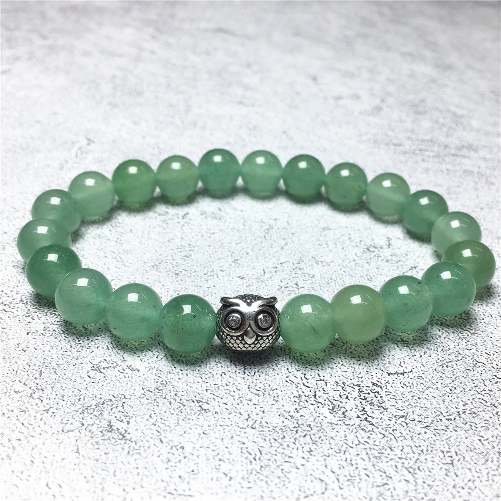 Natural Green Adventurine Gemstone Elastic Handmade Beaded Bracelet Adjustable Bracelet Owl Design