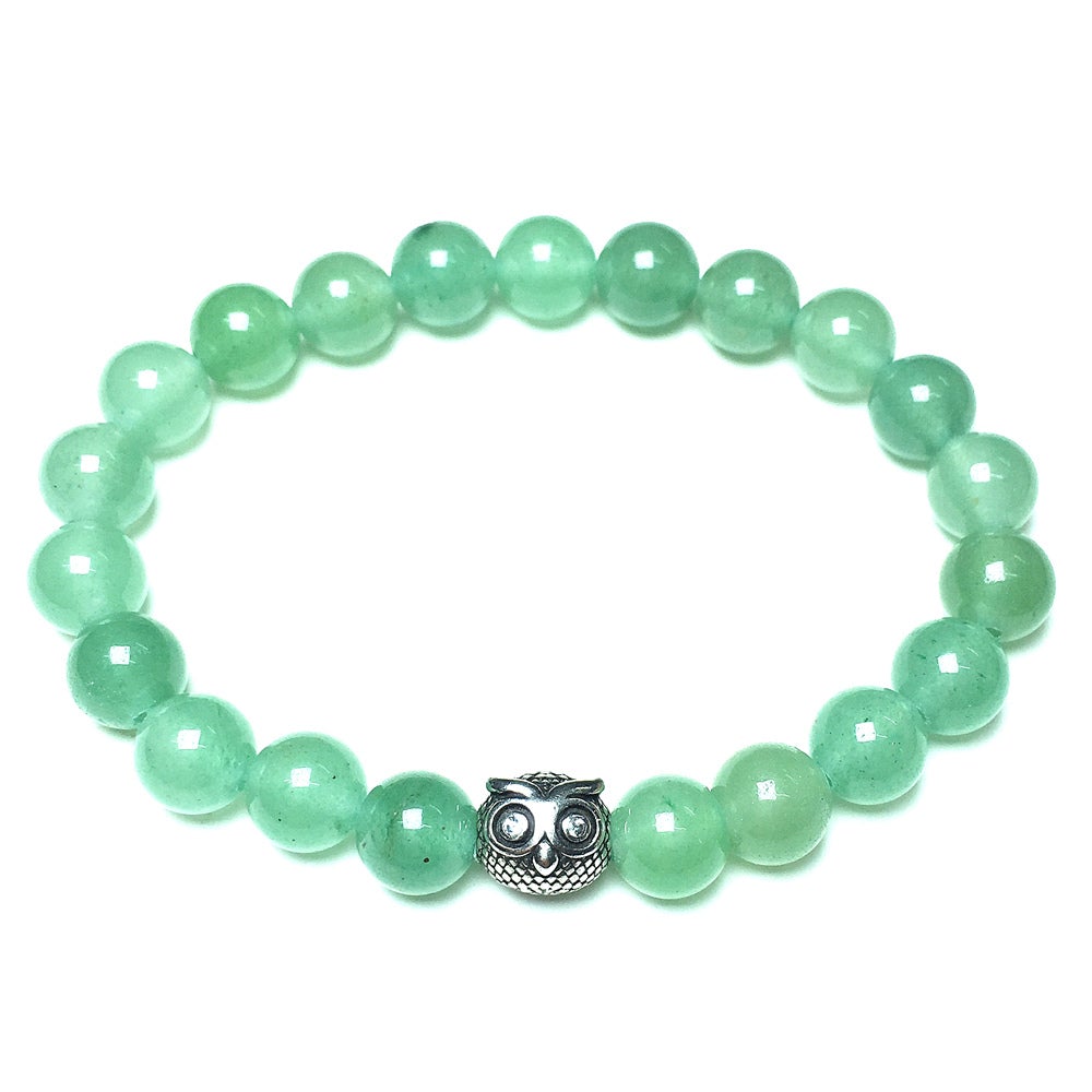 Natural Green Adventurine Gemstone Elastic Handmade Beaded Bracelet Adjustable Bracelet Owl Design