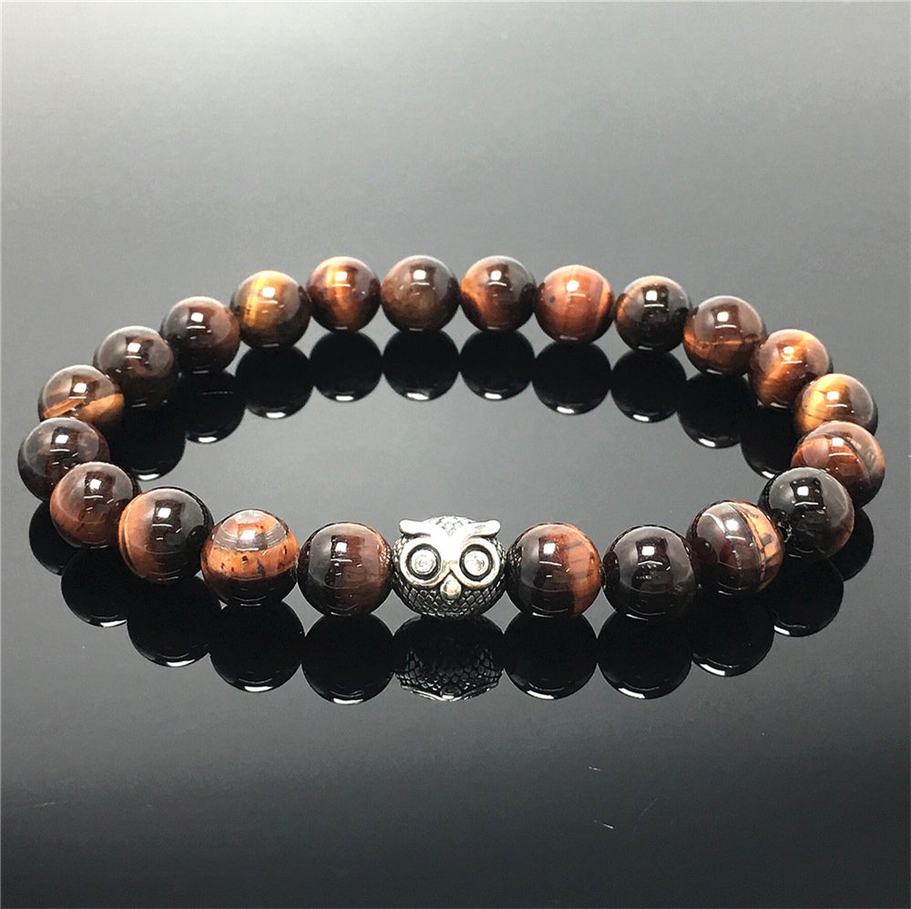 Natural Red Tiger Eyes Gemstone Elastic Handmade Beaded Bracelet Adjustable Bracelet Owl Design