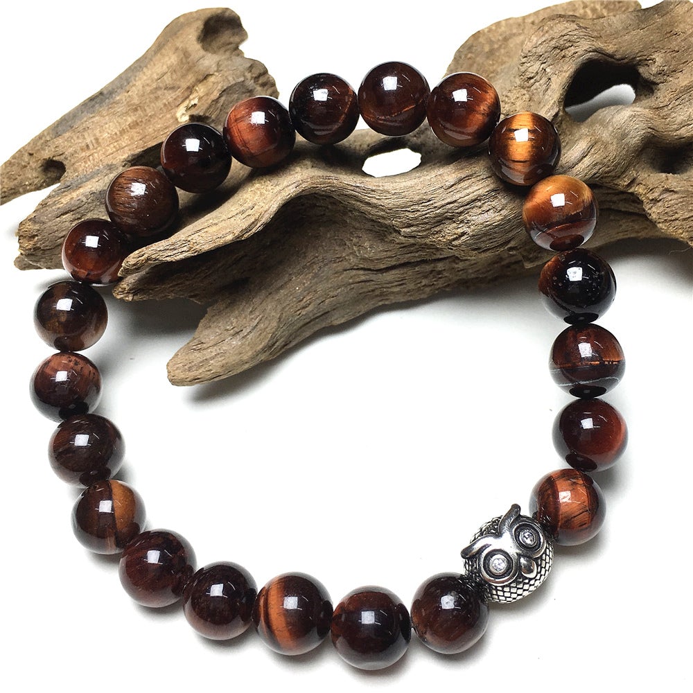 Natural Red Tiger Eyes Gemstone Elastic Handmade Beaded Bracelet Adjustable Bracelet Owl Design