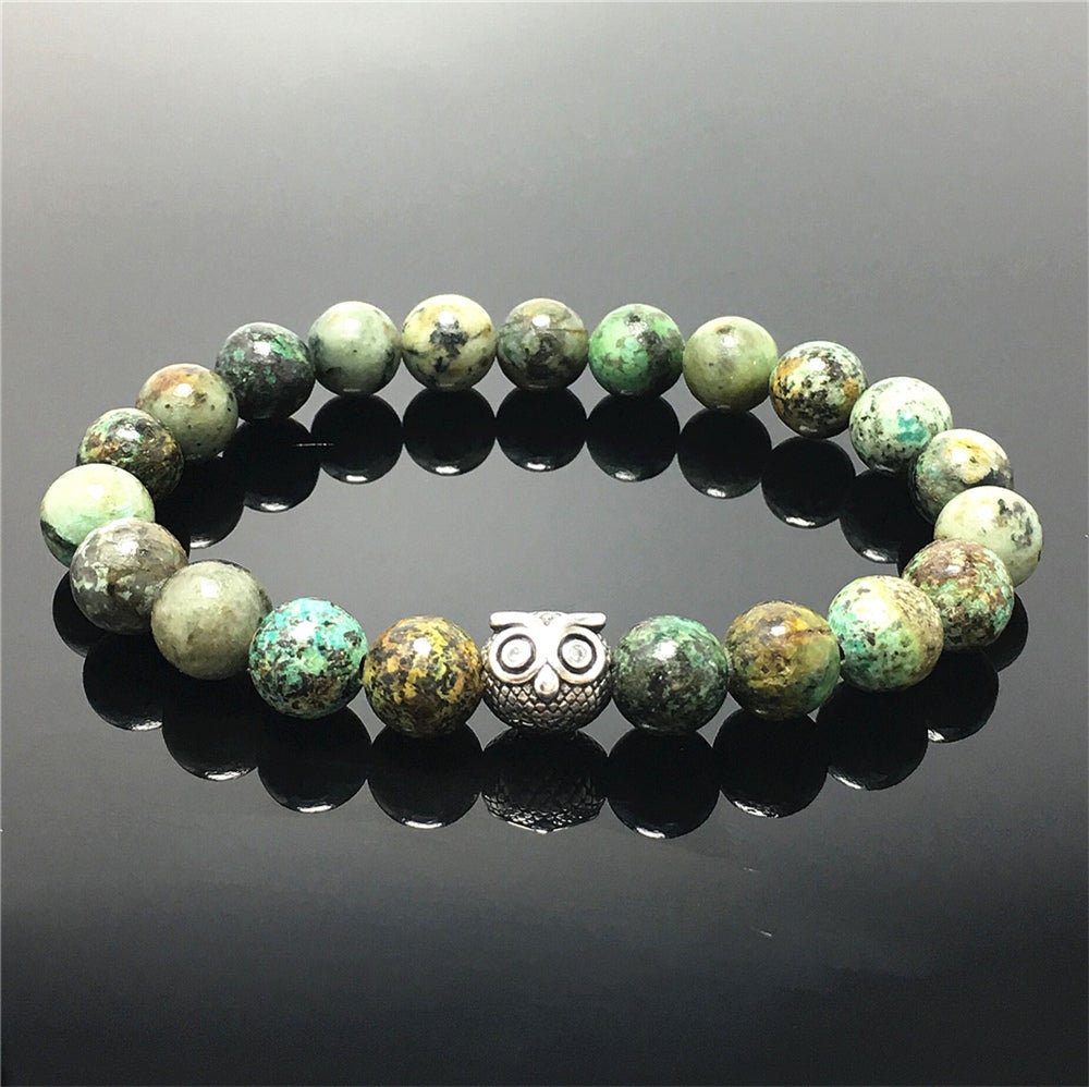 Natural African Turquoise Gemstone Elastic Handmade Beaded Bracelet Adjustable Bracelet Owl Design