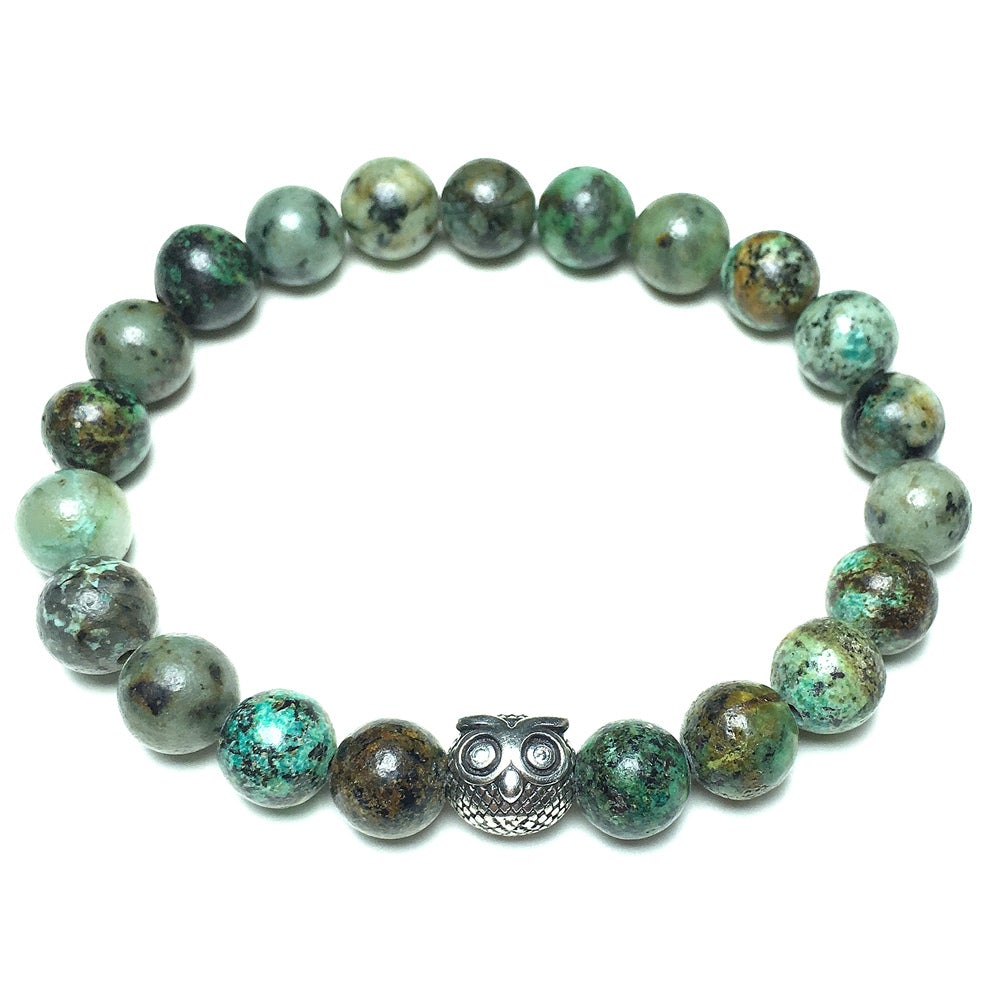 Natural African Turquoise Gemstone Elastic Handmade Beaded Bracelet Adjustable Bracelet Owl Design