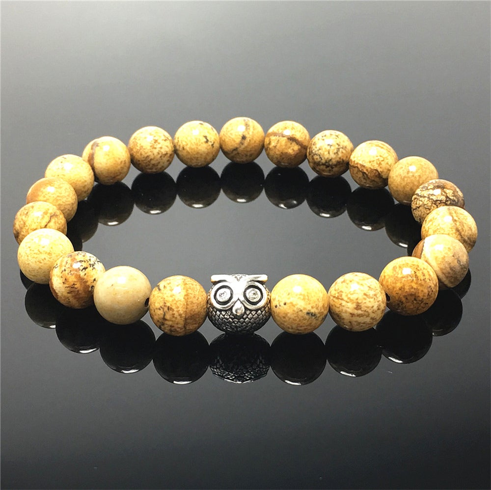 Natural Picture Jasper Gemstone Elastic Handmade Beaded Bracelet Adjustable Bracelet Owl Design