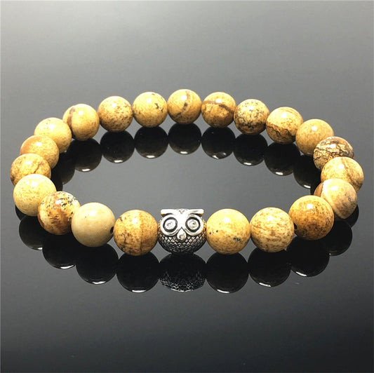 Natural Picture Jasper Gemstone Elastic Handmade Beaded Bracelet Adjustable Bracelet Owl Design