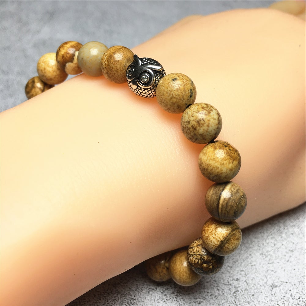 Natural Picture Jasper Gemstone Elastic Handmade Beaded Bracelet Adjustable Bracelet Owl Design