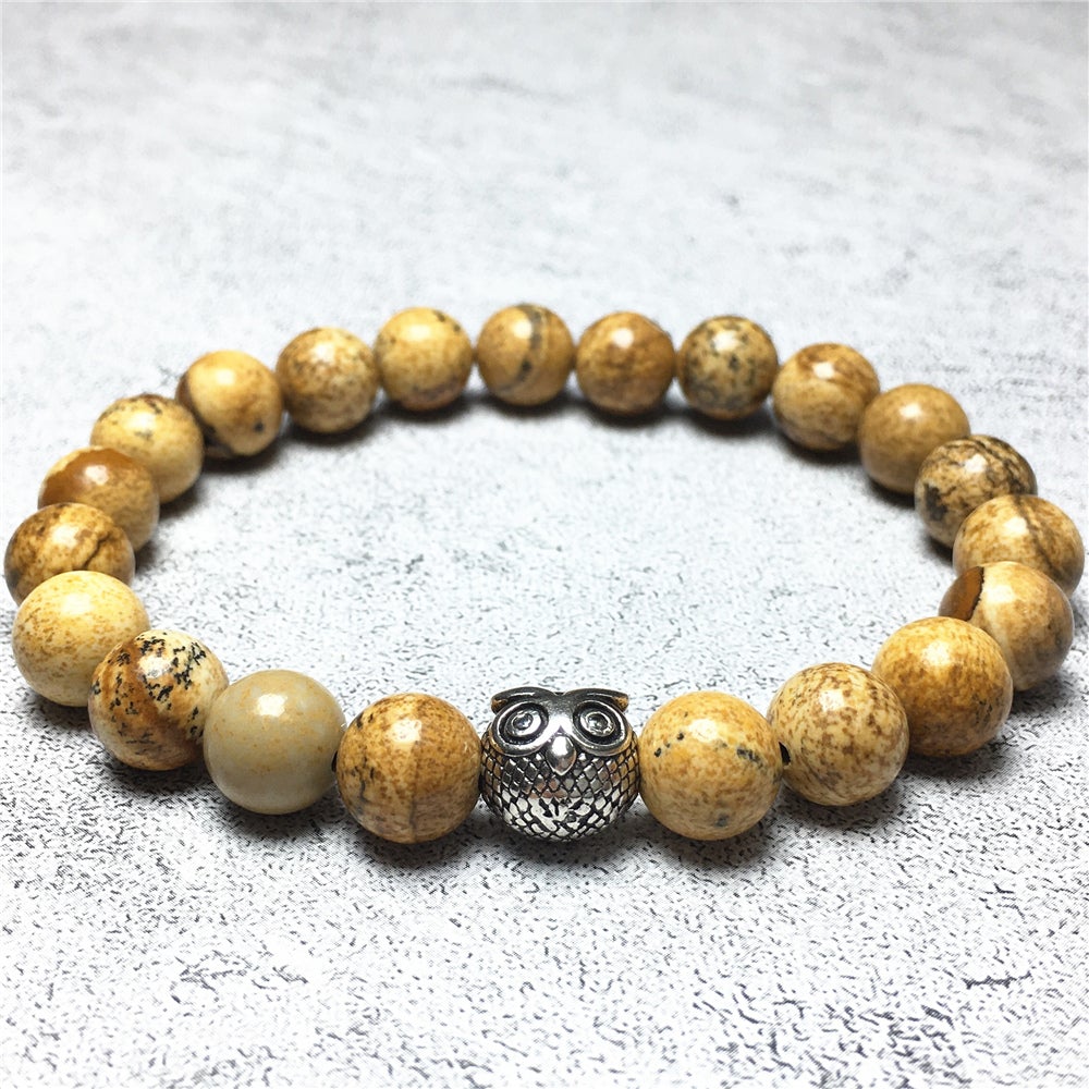 Natural Picture Jasper Gemstone Elastic Handmade Beaded Bracelet Adjustable Bracelet Owl Design