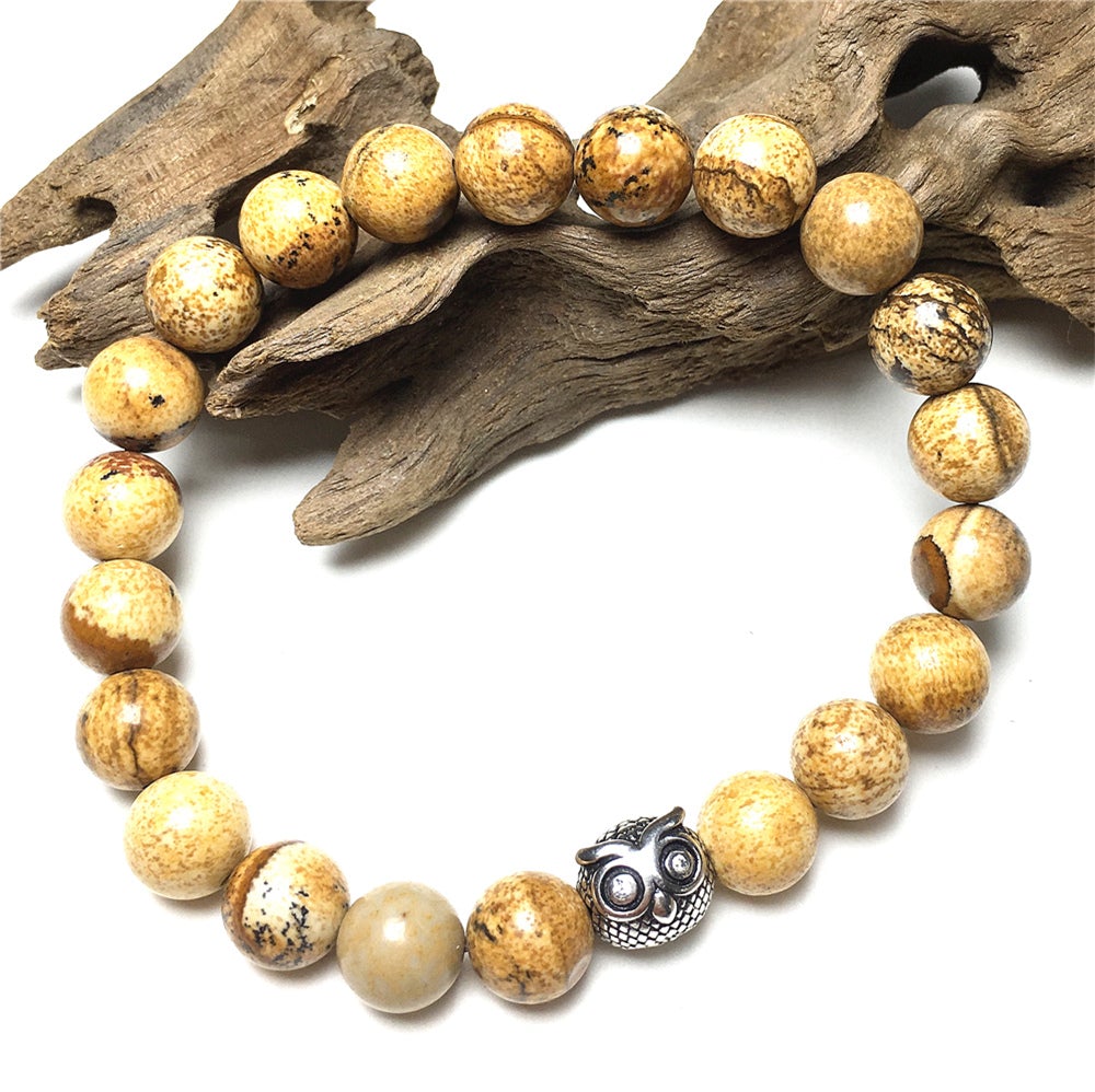 Natural Picture Jasper Gemstone Elastic Handmade Beaded Bracelet Adjustable Bracelet Owl Design