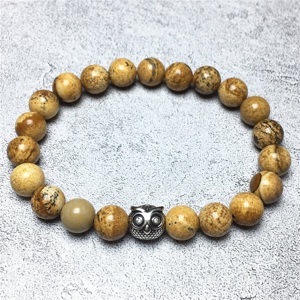 Natural Picture Jasper Gemstone Elastic Handmade Beaded Bracelet Adjustable Bracelet Owl Design