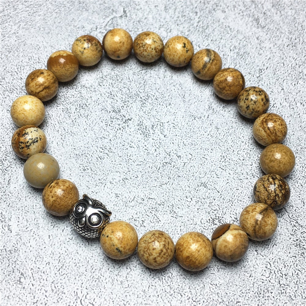 Natural Picture Jasper Gemstone Elastic Handmade Beaded Bracelet Adjustable Bracelet Owl Design