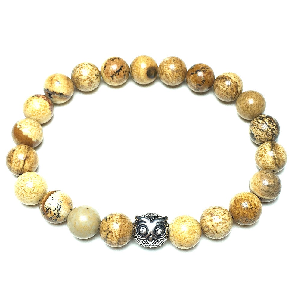 Natural Picture Jasper Gemstone Elastic Handmade Beaded Bracelet Adjustable Bracelet Owl Design