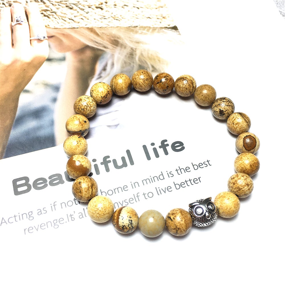 Natural Picture Jasper Gemstone Elastic Handmade Beaded Bracelet Adjustable Bracelet Owl Design