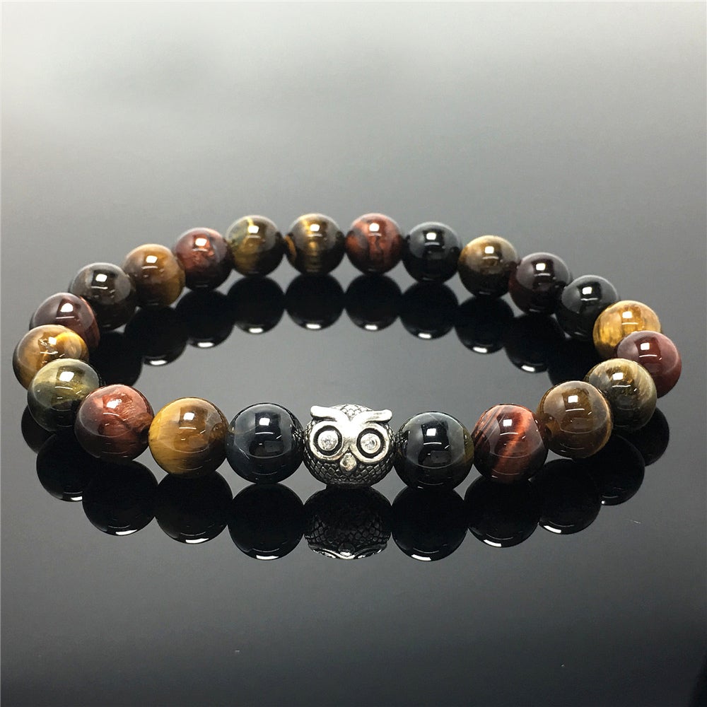 Natural Colorful Tiger Eyes Gemstone Elastic Handmade Beaded Bracelet Adjustable Bracelet Owl Design