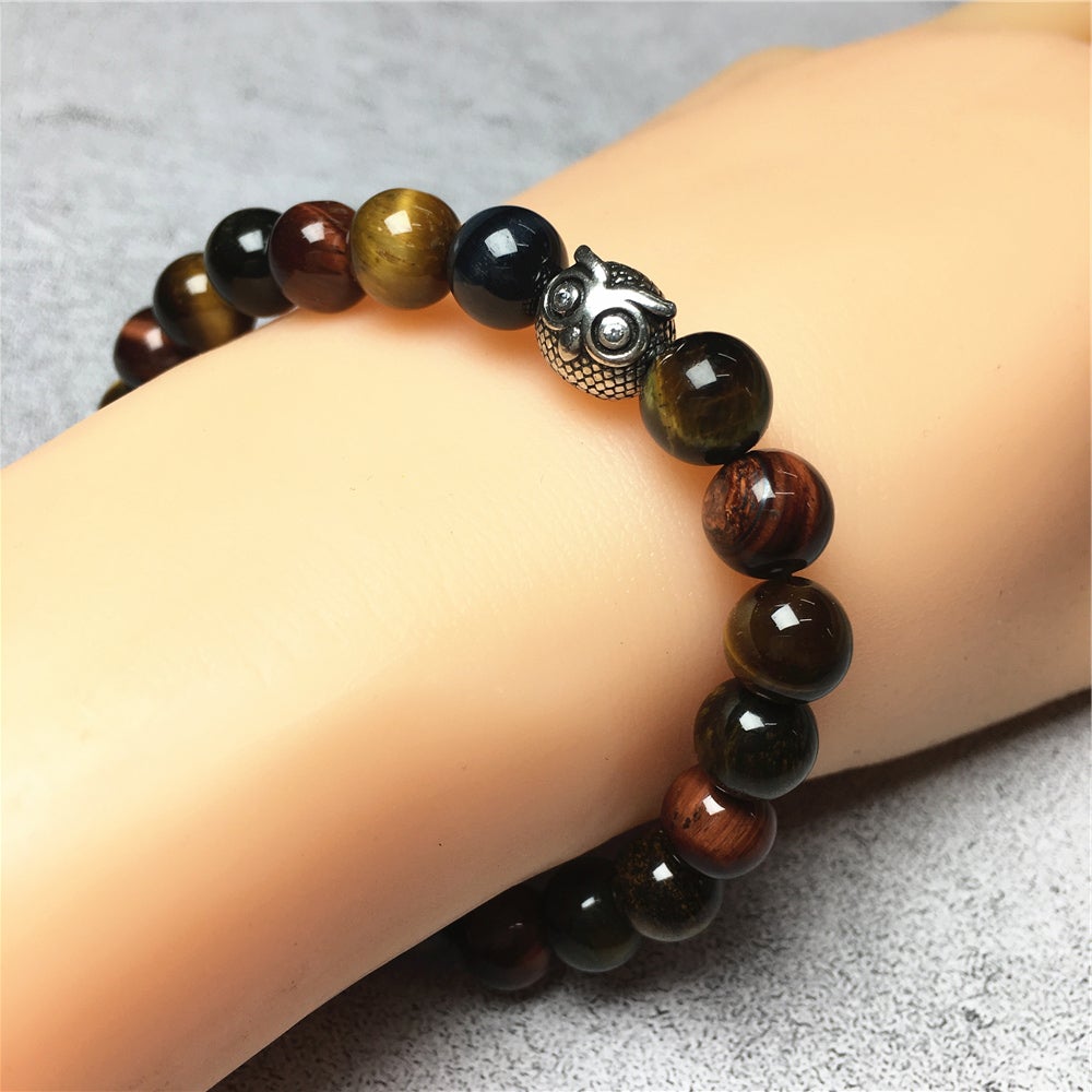 Natural Colorful Tiger Eyes Gemstone Elastic Handmade Beaded Bracelet Adjustable Bracelet Owl Design