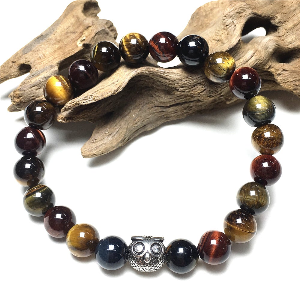 Natural Colorful Tiger Eyes Gemstone Elastic Handmade Beaded Bracelet Adjustable Bracelet Owl Design