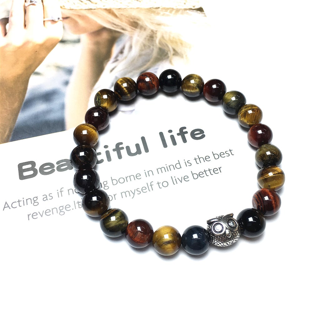 Natural Colorful Tiger Eyes Gemstone Elastic Handmade Beaded Bracelet Adjustable Bracelet Owl Design